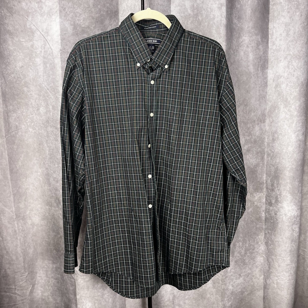 Lands End Button Shirt Mens 17-35 Tailored Fit No‎ Iron Cotton Black Green Plaid